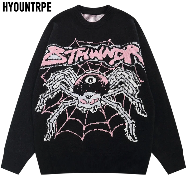 mens hip hop sweater spider knitted pullover o neck jumper fashion punk streetwear harajuku y2k jumpers casual loose sweaters unique limited edition hoodie, oversized graphic print design, Y2K vintage urban hoodie