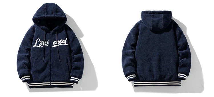 men fleece jackets and coats casual letter embroidery hairy zipper hooded outerwear warm streetwear parkas loose bomber jacke - variant style de1f03 for streetwear fashion