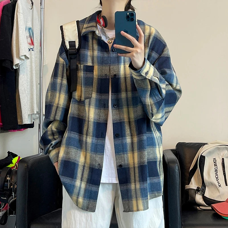 Oversized Retro Plaid Shirt Men Japanese Streetwear Loose Casual Shirts Men