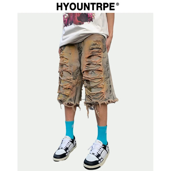 destroy ripped big holes spliced denim jeans shorts hip hop loose short pant harajuku half baggy jeans mens summer casual shorts urban skinny jeans