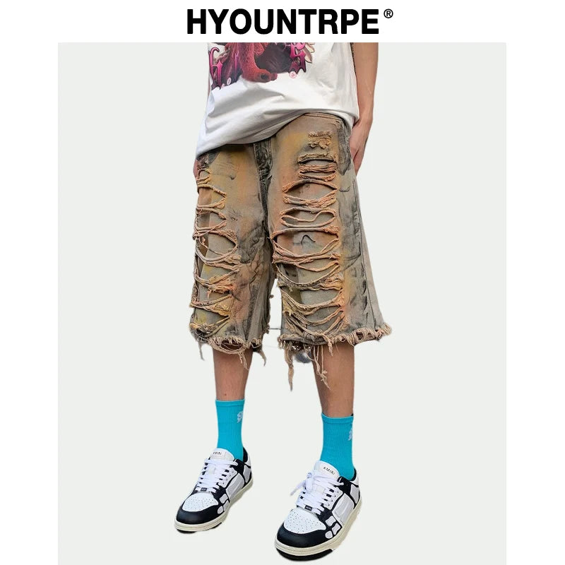 destroy ripped big holes spliced denim jeans shorts hip hop loose short pant harajuku half baggy jeans mens summer casual shorts urban skinny jeans