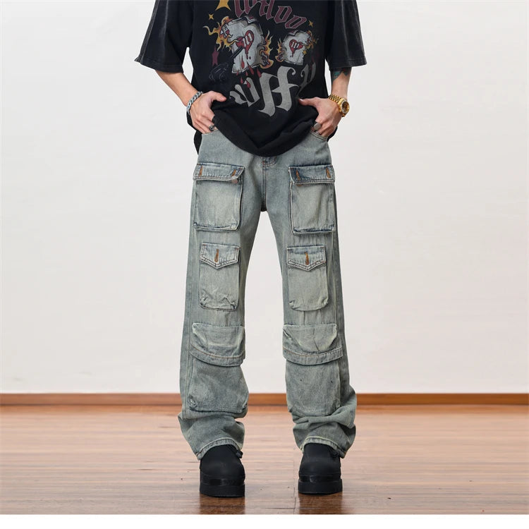 hip hop cargo denim pants streetwear plain denim pants mens harajuku cotton casual joggers jeans loose straight pants trousers unique joggers style 3853