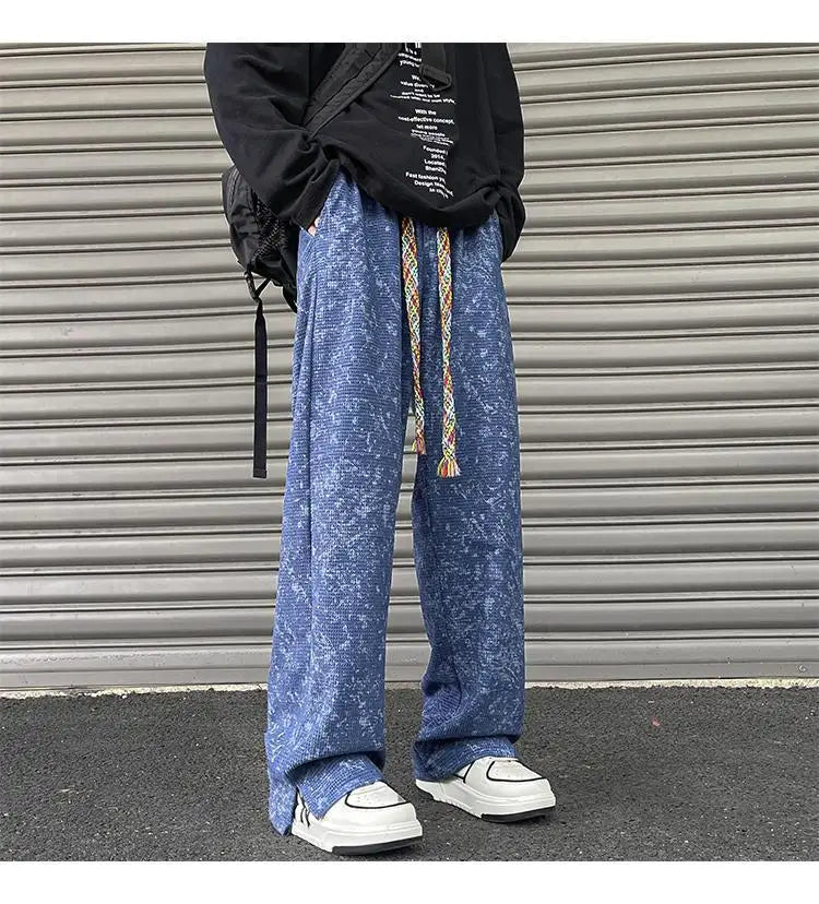 korean style waffle tie dye casual pants high street vibe pants men trendy brand colorful drawstring side slit straight trousers unique default style 2099