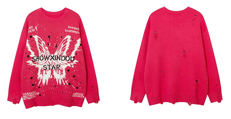 fashion butterfly knitted oversized sweater unisex o neck ripped holes knit pullover streetwear unisex loose sweaters clothing unique limited edition hoodie, oversized graphic print design, trendy hip hop style outerwear