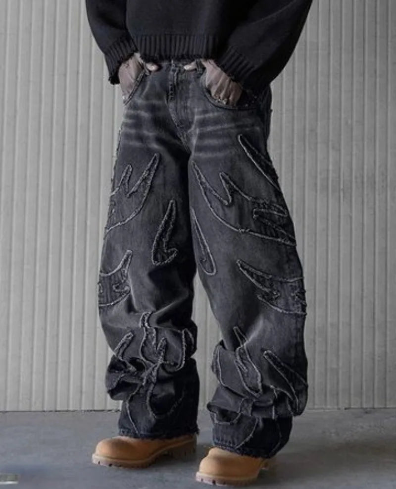 baggy jeans for men y2k hip hop distressed retro black pants oversized embroidery harajuku gothic wide leg trousers streetwear unique jeans style 385