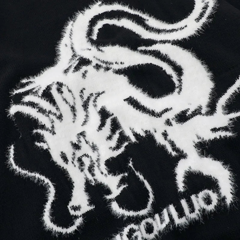 hip hop harajuku dragon pattern knitted sweater unisex o neck pullover streetwear y2k casual loose sweater warm jumper knitwear Y2K vintage urban hoodie, high quality cotton pullover, aesthetic street look hoodie
