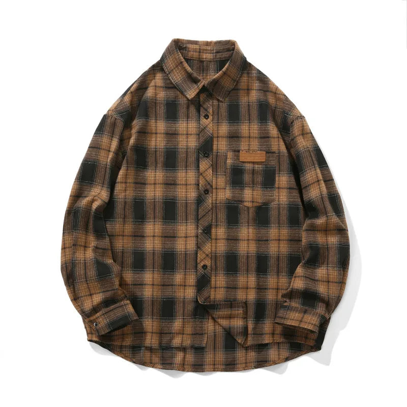 Autumn Long Sleeved Shirt Men Oversized Retro Casual Shirt Men Japanese Streetwear Loose Plaid Shirt