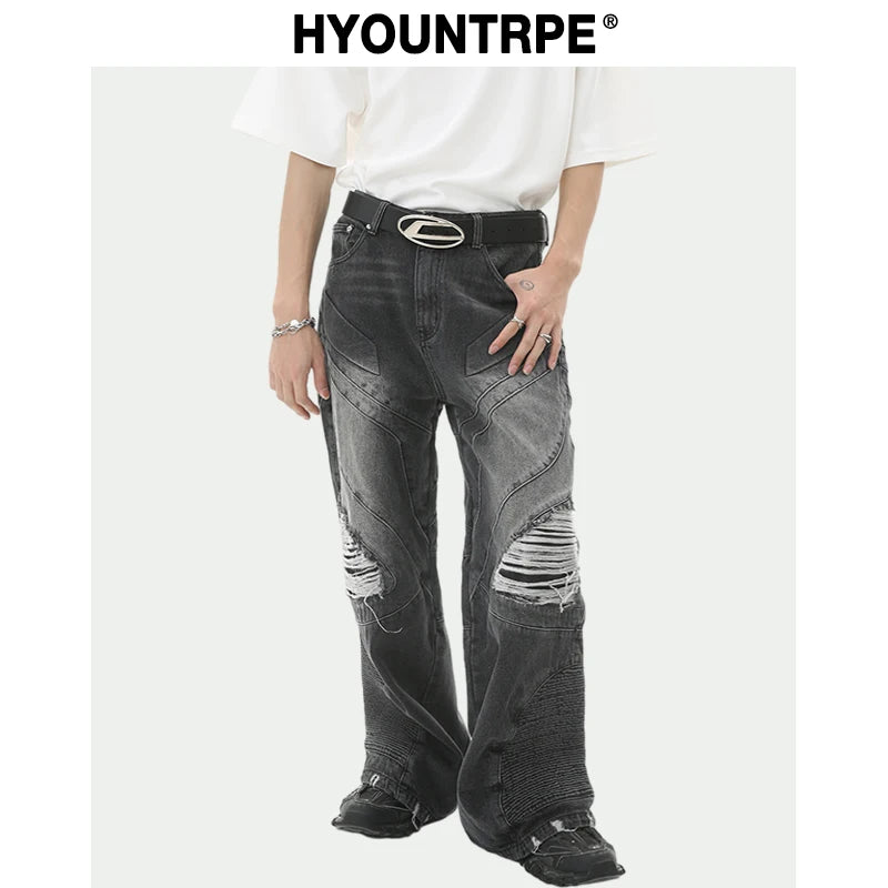 fashion loose streetwear denim jeans new casual wide legs straight jean pants hip hop ripped joggers baggy jeans men clothing relaxed fit joggers