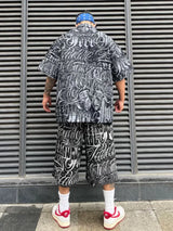 2 pieces sets mens fashion harajuku printed single breasted shirts and drawstring capris short pants joggers new streetwear sets sporty tapered joggers