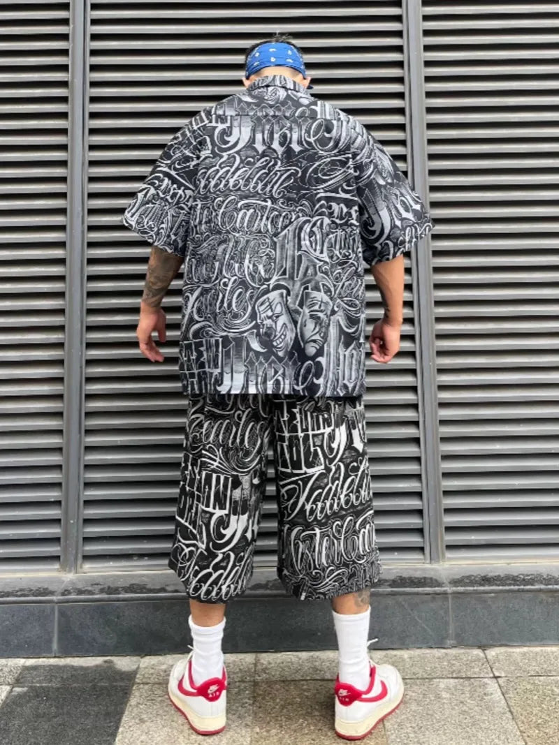 2 pieces sets mens fashion harajuku printed single breasted shirts and drawstring capris short pants joggers new streetwear sets sporty tapered joggers
