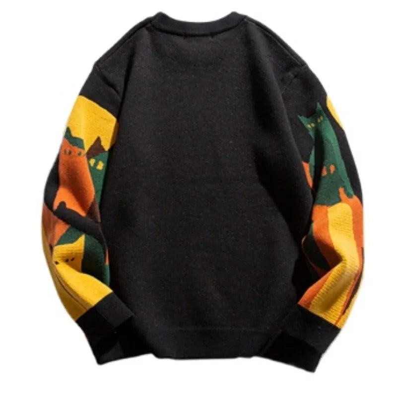 fashion knitted sweater mens autumn winter o neck cats pattern pullover streetwear unisex casual loose sweaters jumper knitwear - trendy hip hop fashion hoodie, vintage look oversized hoodie, bold artwork streetwear hoodie
