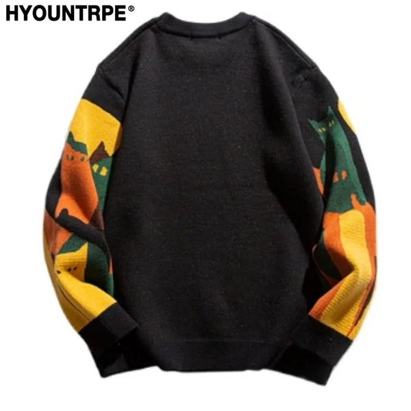fashion knitted sweater mens autumn winter o neck cats pattern pullover streetwear unisex casual loose sweaters jumper knitwear - trendy hip hop fashion hoodie, vintage look oversized hoodie, bold artwork streetwear hoodie
