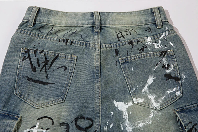graffiti printed denim jeans unisex side pocket straight cargo jean trousers hip hop streetwear casual loose joggers jeans pants unique joggers style 3711