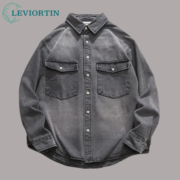 Korean Fashion Button Shirt – Mens Cargo Denim Shirt With Chest Pocket America Retro Tooling Shirt Wash Cotton Casual Long Sleeved Button Down Shirt Jacket | Button Shirt Drop #337