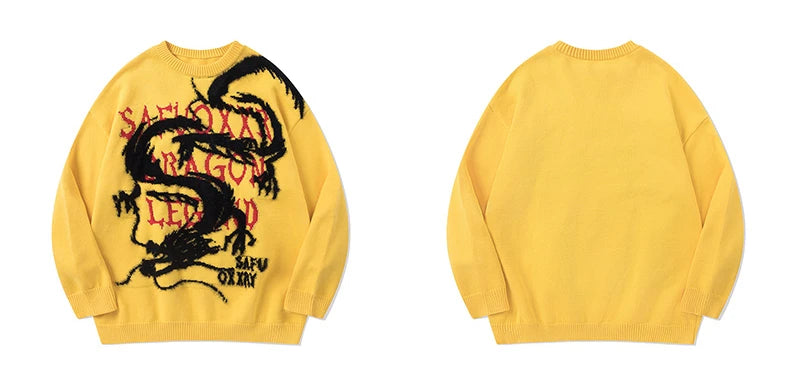 hip hop harajuku dragon pattern knitted sweater unisex pullover streetwear new year casual loose sweater warm jumper knitwear streetwear fashion hoodie, oversized graphic print design, trendy hip hop style outerwear