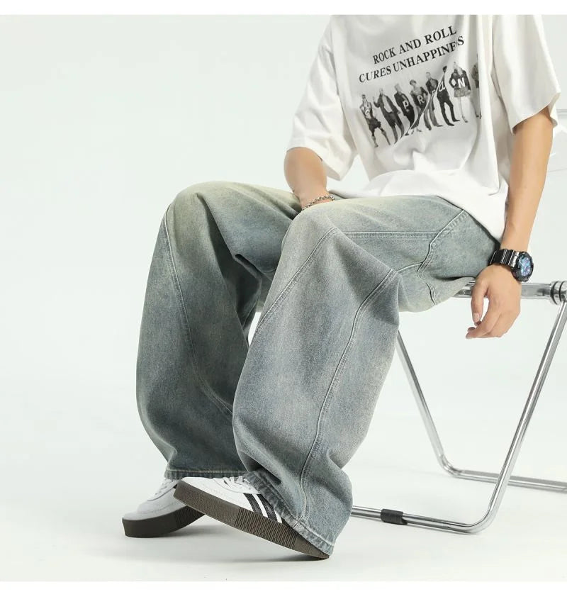 new vintage men s patchwork baggy jeans draped straight leg denim trousers autumn korean fashion high street casual y2k jean unique jeans style 542