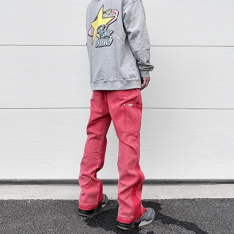 high street spliced speckled ink micro flare pants for men and women patchwork baggy jeans ropa hombre casual denim trousers unique jeans style 3580
