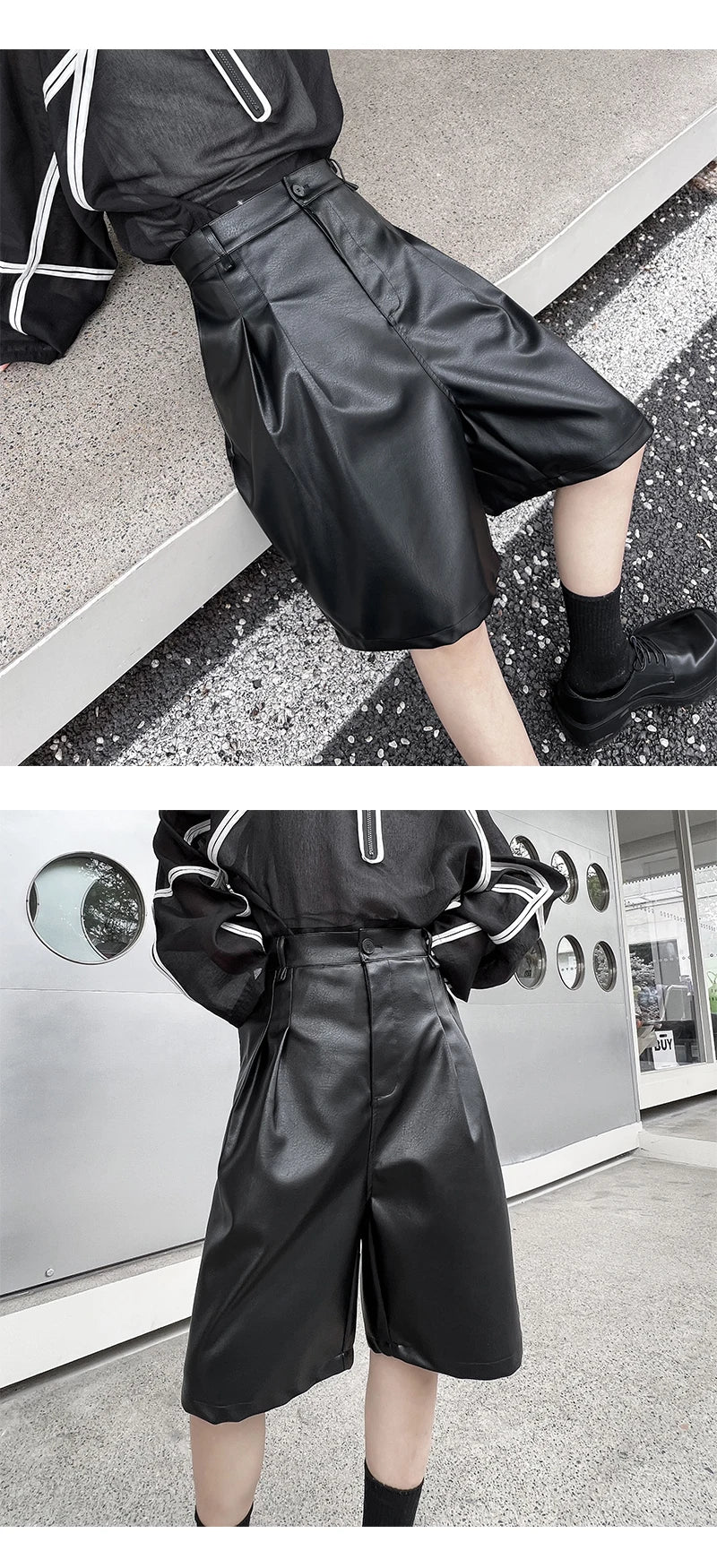 men japanses korean streetwear fashion hip hop loose casual dark black wide leg leather shorts male short pant unique shorts style 922