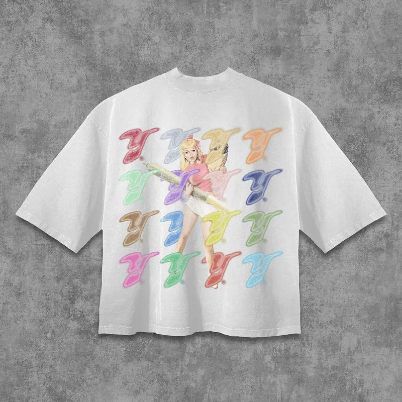 Glitchcore Graphic tee – Street Retro Popular Letter Pattern Oversized T Shirt Mens Y