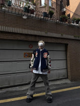 checkered varsity coat, layered streetwear look, trendy