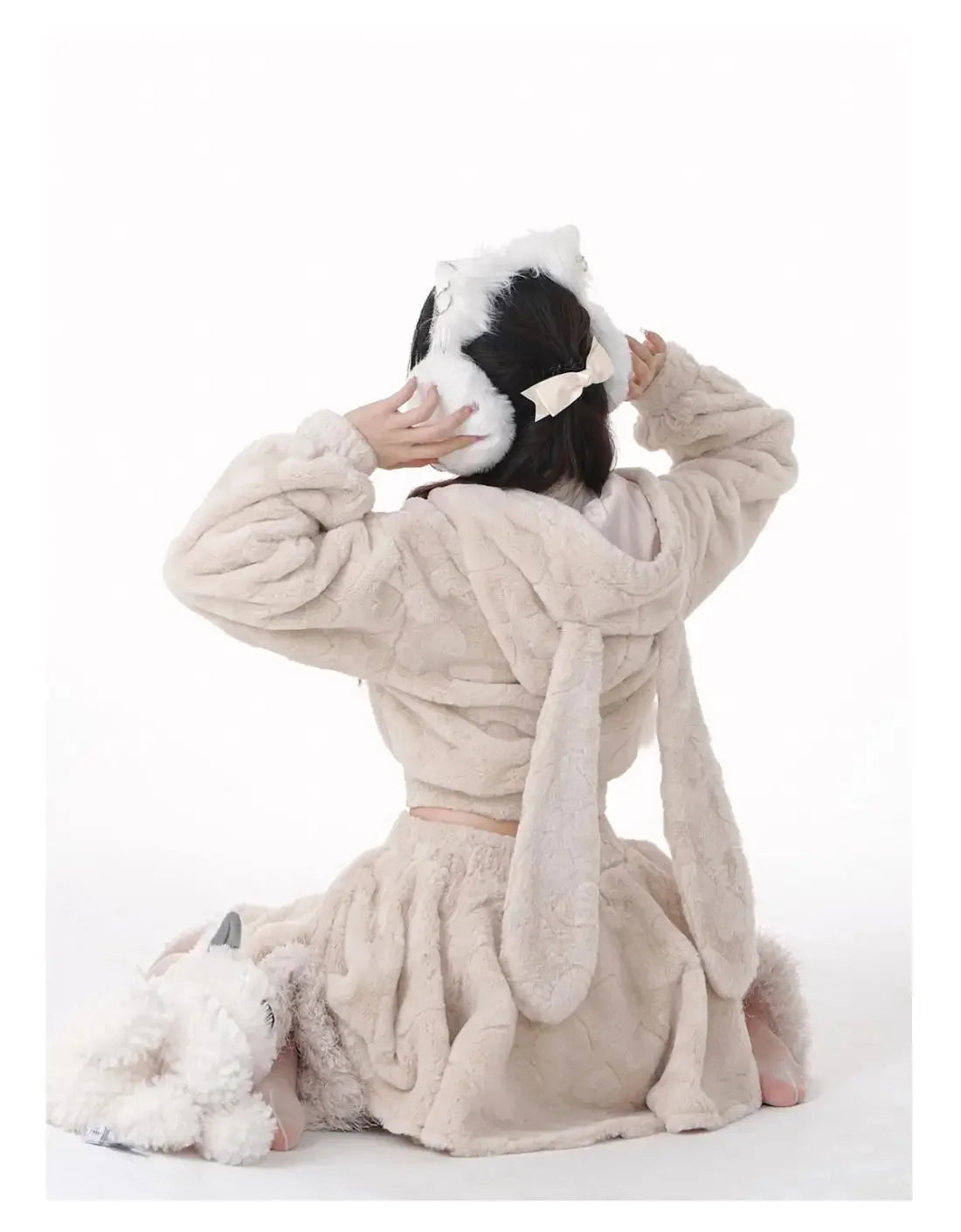 New Womens Bunny Ears Kawaii Hooded Jacket Casual Fashion Cute Slim Sexy Top Harajuku Y2k Hoodie Style High Waist Bud Skirt Suit