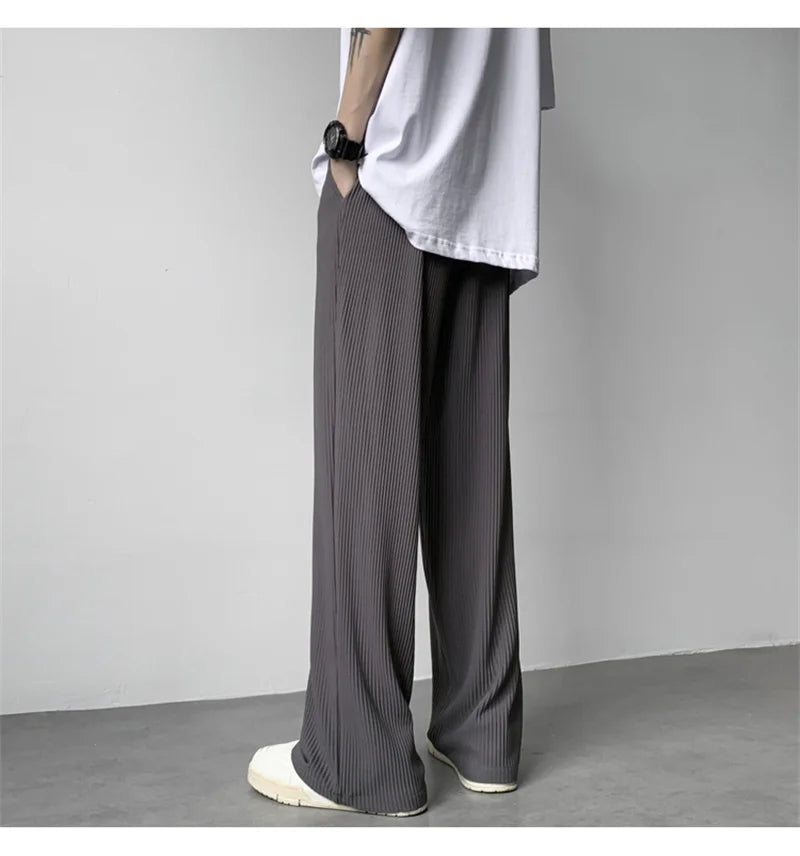 summer texture straight pants for men korean fashion baggy wide leg trousers casual drape pleated striped y2k pantalones hombre unique default style 492