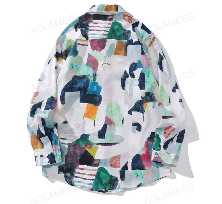 High Street Abstract Colorblock Painting Hawaiian Shirts for Men Autumn Trendy Lapel Single Breasted Long Sleeve Shirt Oversized