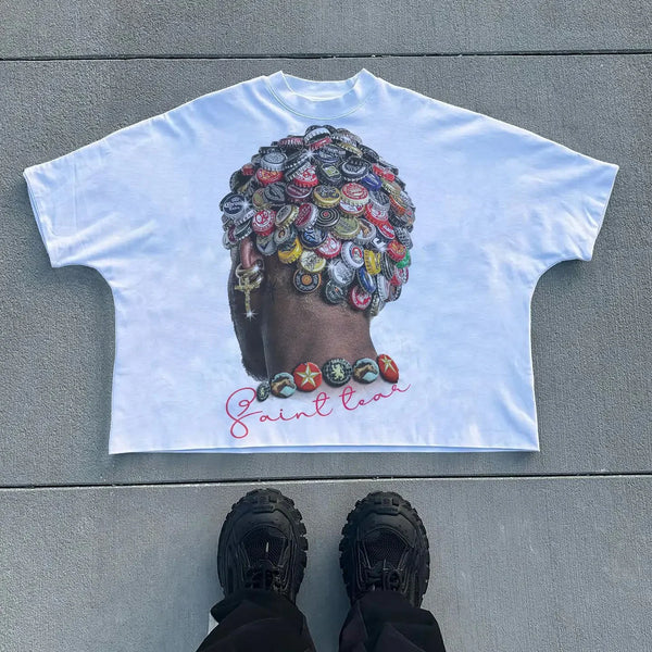 cartoon comic tee with broken manga grid and flame distortion