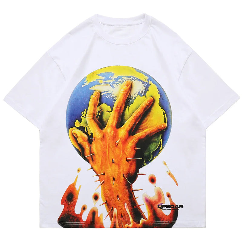 Harajuku Oversized Shirt – Aolamegs Men Horror Hand Earth Printed T Shirt Summer Gothic – Modern Streetwear for Everyone