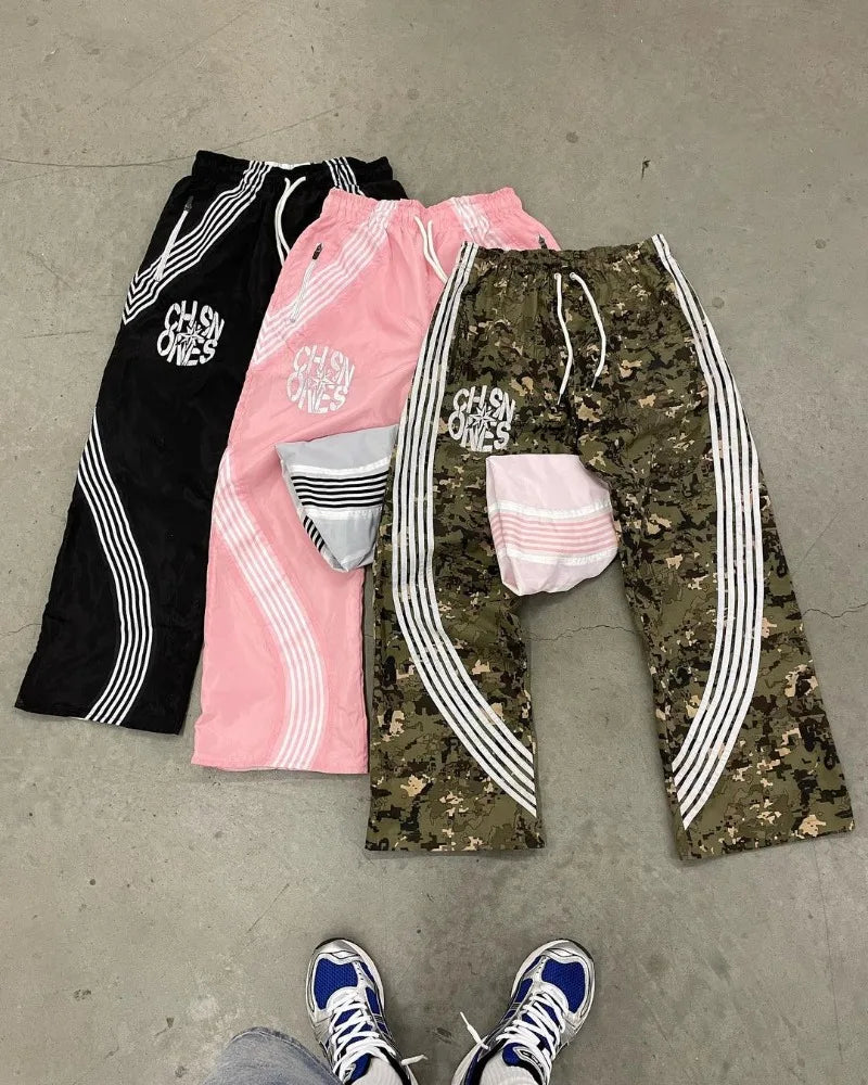 american high street fashion striped letter printed trousers men y2k harajuku retro personality casual oversized wide leg pants unique default style 3458