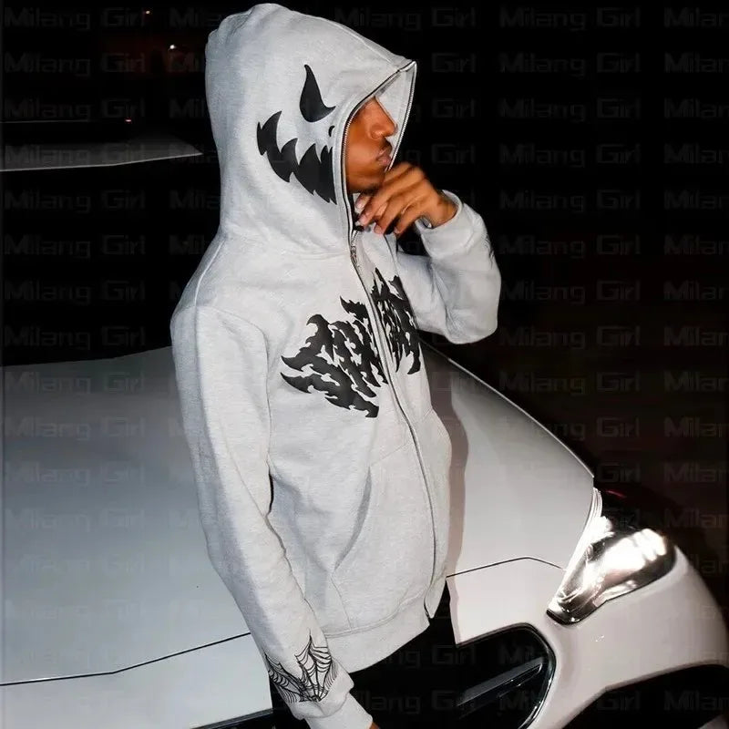 Women Men Zip Up Punk Jackets Halloween Long Sleeve Y2K Hoodies Goth H