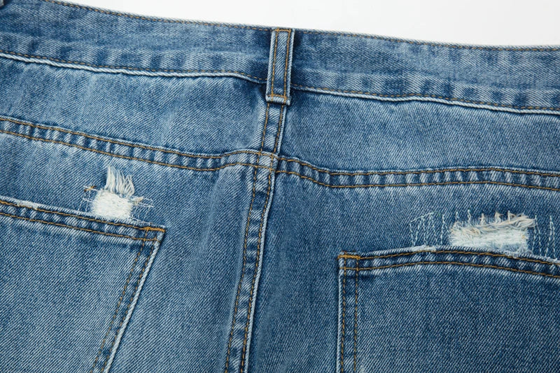 Harajuku Frayed Hole Straight Washed Retro Baggy Men's Jeans High Street Ripped Hip Hop Casual Oversized Denim Trousers
