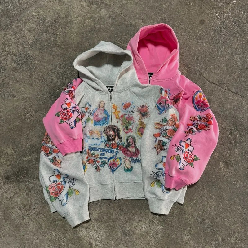 American Street Goth Harajuku Cartoon Print Oversized Sweatshirt Men Y