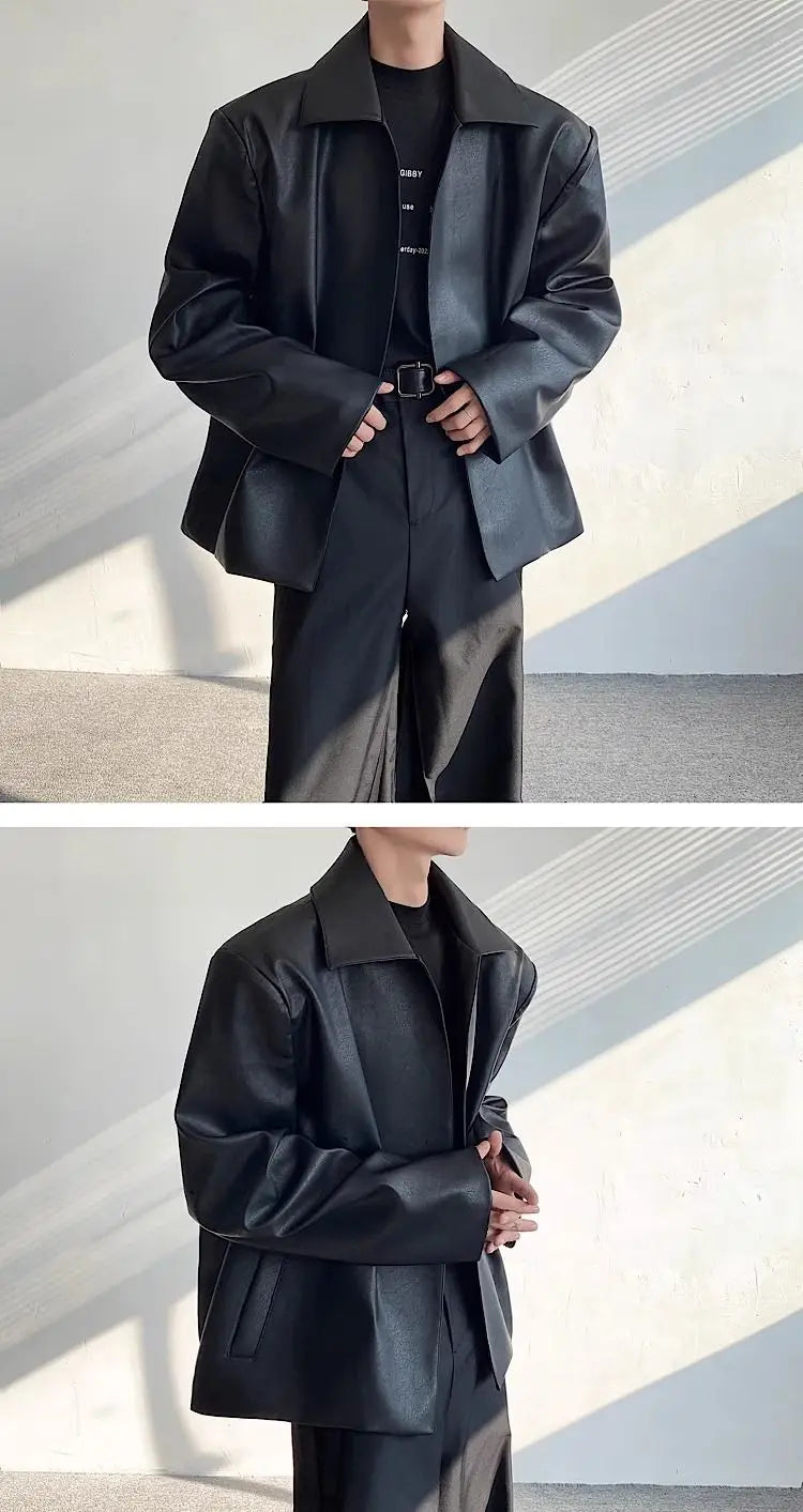 Black Cleanfit Shoulder Padded Leather Casual Jacket Men High End Hand