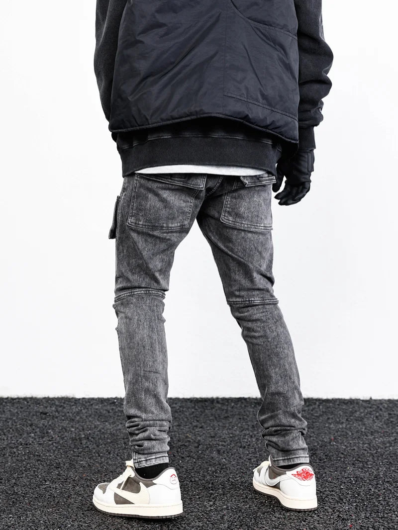 side pocket denim retro jeans mens biker zipper jean trousers hip hop fashion high street slim fit pants joggers y2k men s jeans relaxed fit joggers