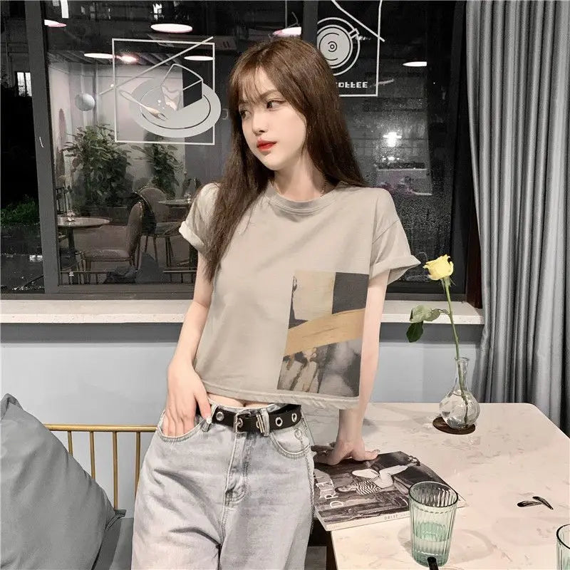 Skatercore Vintage print – New Summer New Pure Cotton Discreet Navel Baring Short Sleev