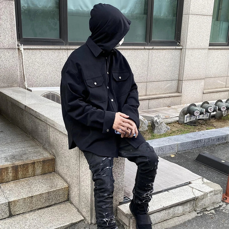 Back Zipper Vibe Style Black Long Sleeve Shirts Jackets for Men Streetwear Y2k Baggy Ropa Hombre Camisas Oversized Loose Coat