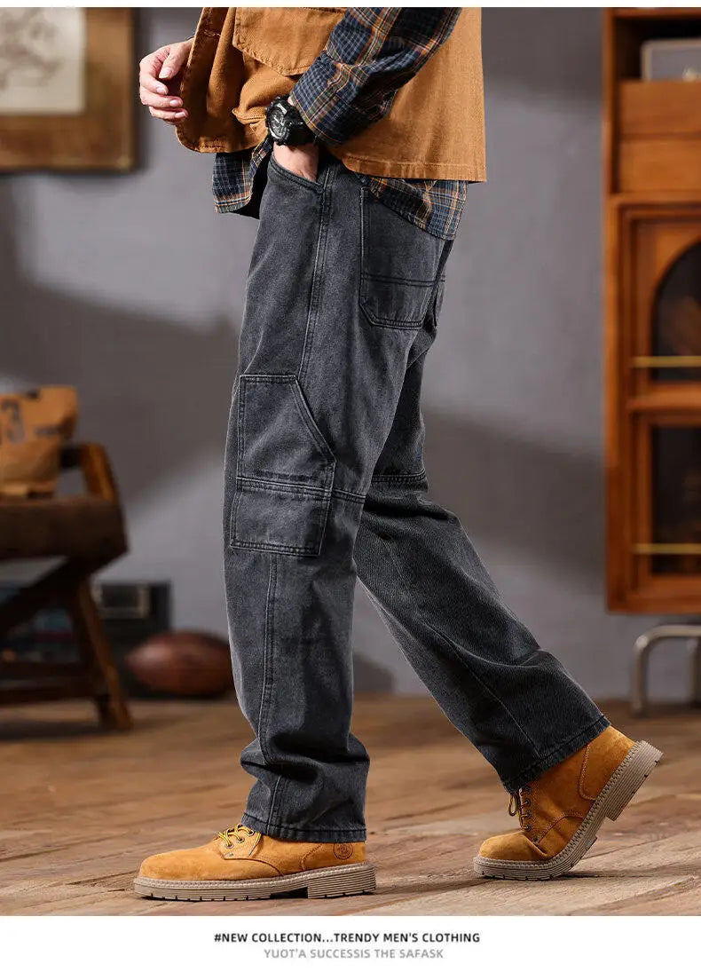 men retro fashion streetwear loose casual plus size straight denim cargo jeans pants man black gray jeans trousers unique cargo style 1985