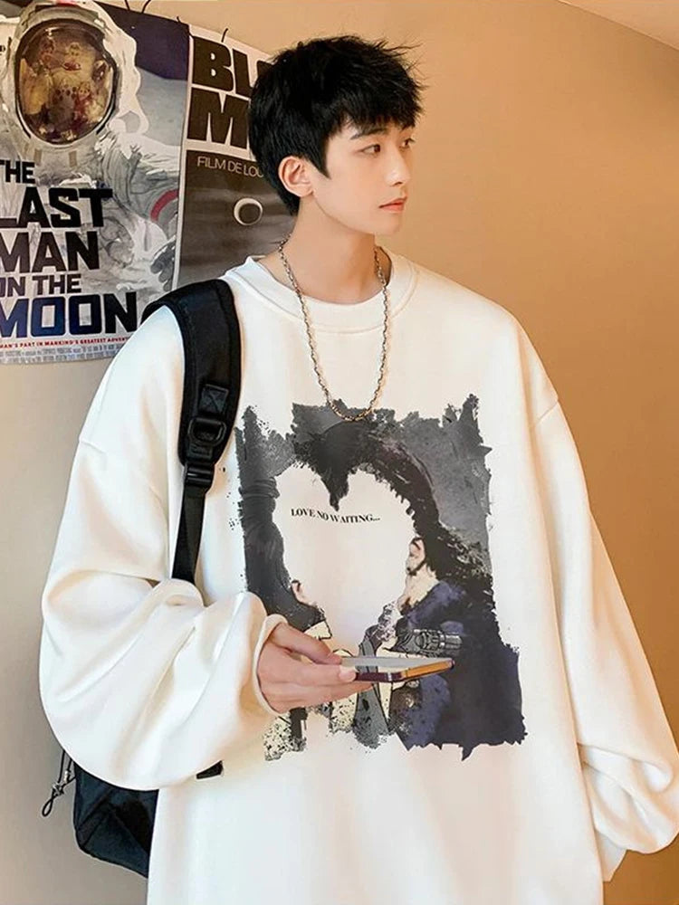 Mens Oversized Love No Watting Letter Graphic Sweatshirts 2025 Korean