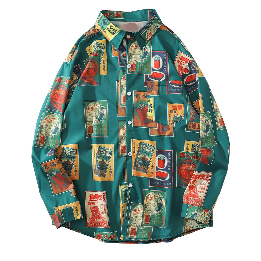 Korean Fashion Button Shirt – Gonthwid Hawaiian Beach Shirts Harajuku Vintage Poster Print Long Sleeve Aloha Party Holiday Shirt Mens Casual Button Down Tops | Button Shirt Drop #177