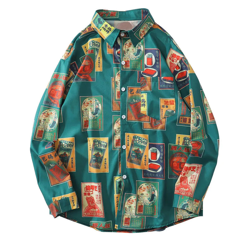 Korean Fashion Button Shirt – Gonthwid Hawaiian Beach Shirts Harajuku Vintage Poster Print Long Sleeve Aloha Party Holiday Shirt Mens Casual Button Down Tops | Button Shirt Drop #177