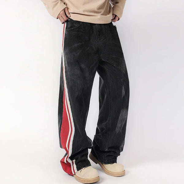 men streetwear fashion side splice hip hop loose casual wide leg straight baggy jeans pant cityboy jeans pants trousers vintage washed jeans