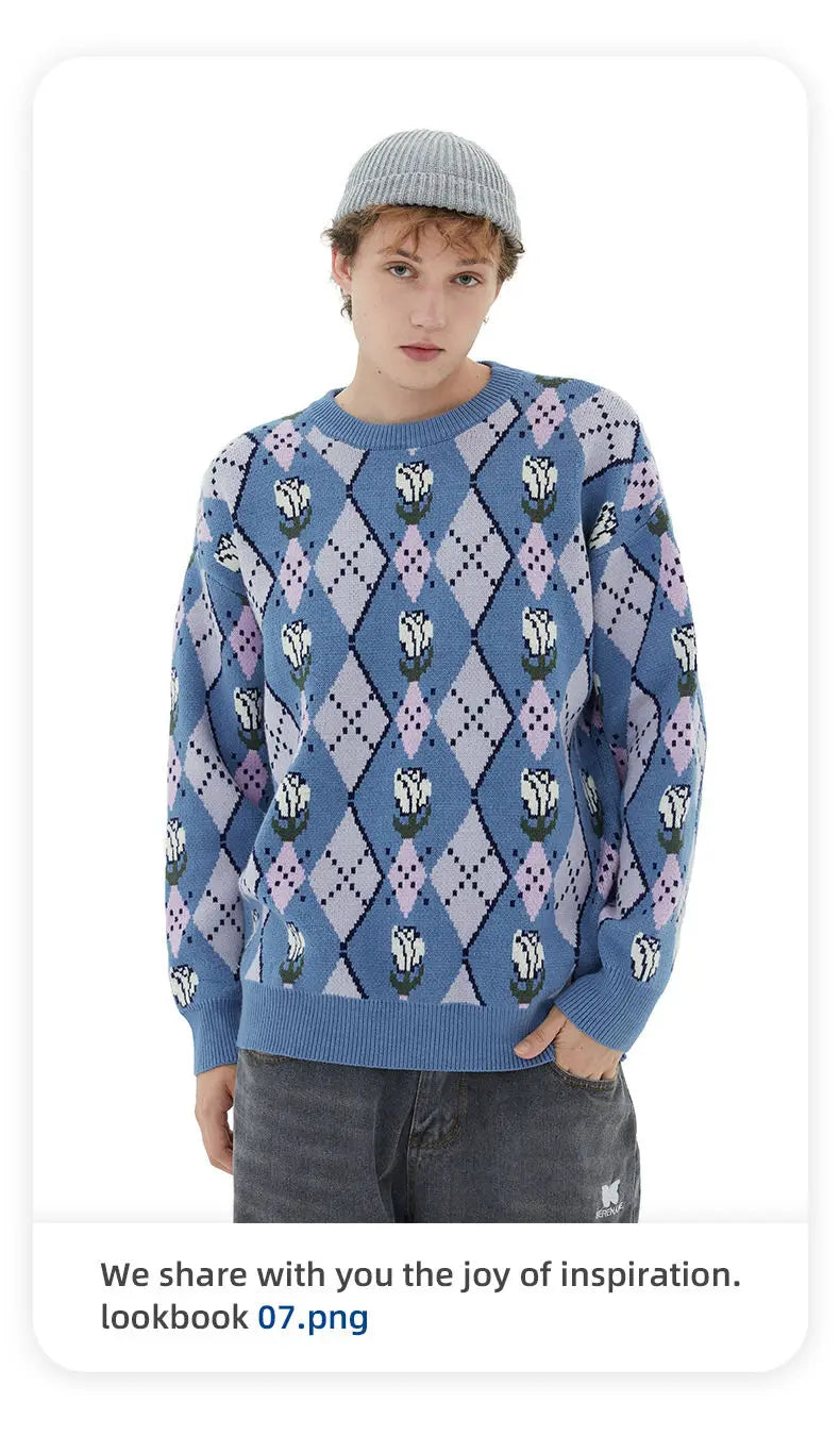 varsity flame pullover for men with bold graphic knit design, perfect for 2025 fashion, street fashion menswear trend for sea
