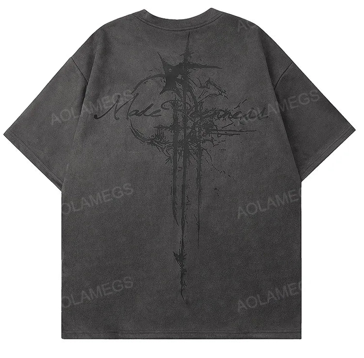 Sadcore Vintage print – Men Street T Shirts Artistic Logo Design Suede Short Sleeves