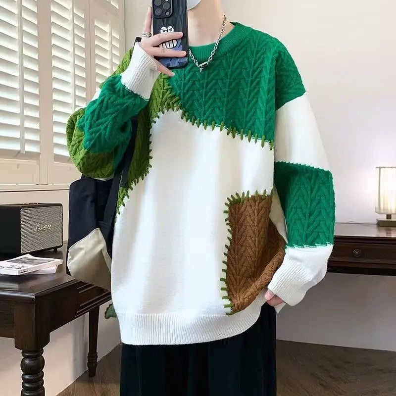 varsity flame knitwear, statement sweater, cozy knitwear for men, oversized grunge aesthetic winter top