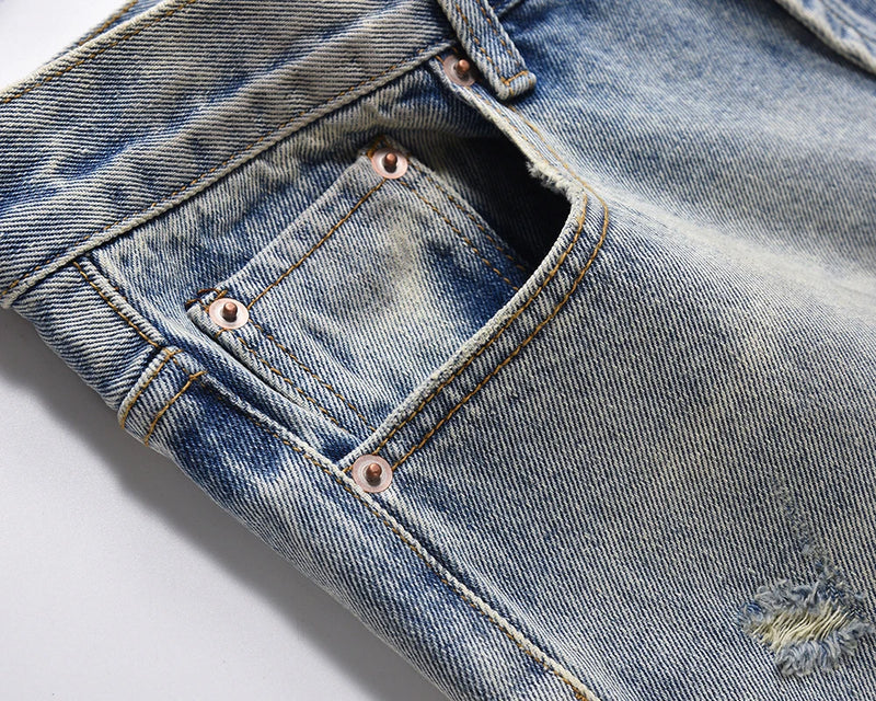 damaged washed blue baggy jeans for men straight hole distressed casual cargo pants frayed streetwear denim trousers oversized unique cargo style 5292