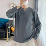 Y2k Graphic tee – Mens V Neck Pleated Long Sleeved T Shirt Autumn Trend Loose