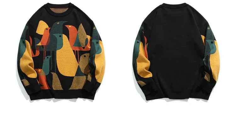 fashion knitted sweater mens autumn winter o neck birds pattern pullover streetwear unisex casual loose sweaters jumper knitwear - bold artwork streetwear hoodie, 2025 streetwear drop, soft fleece-lined outerwear