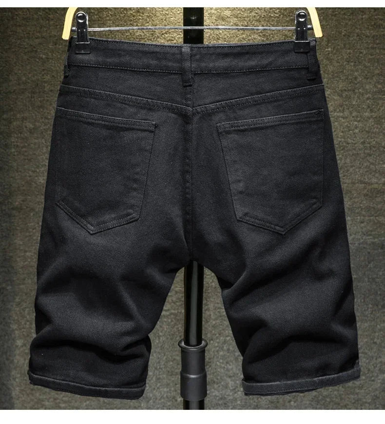 new white jeans shorts men fashion ripped knee length pants simple casual slim hole denim shorts male streetwear unique jeans style 1186