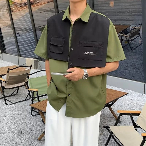 Layered Techwear Shirt Jacket – Design Patchwork Short Sleeve Cargo Shirt For Men Summer Vintage Y2K Streetwear Baggy Shirts Casual Social Camisa Masculinas | Button Shirt Drop #975